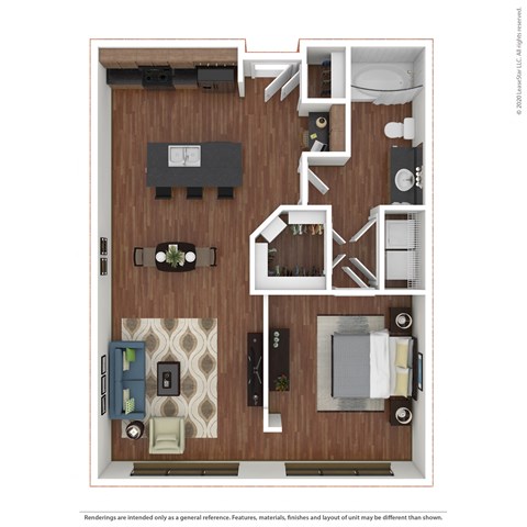 1x1 - A1 a stylized floor plan with a bedroom and living room